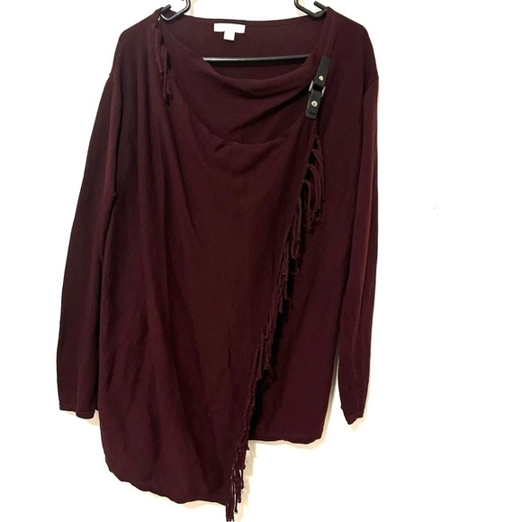 New York & Company Wine/Burgundy Fringed Pull-on Sweater Wrap Cotton-blend. L - Picture 2 of 7
